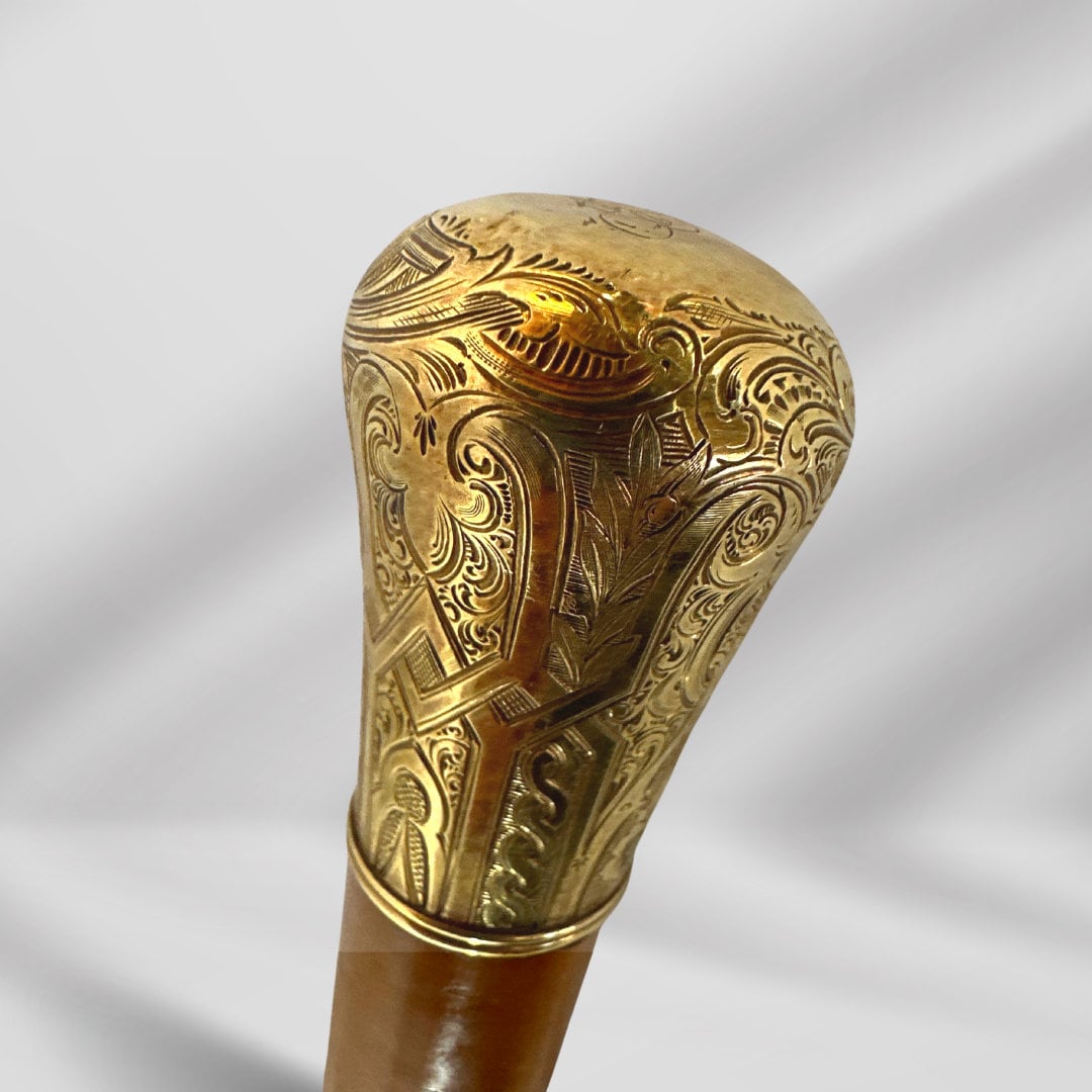 Antique Skinner Gold Plated Knob Handle Walking Stick Cane Light Brown