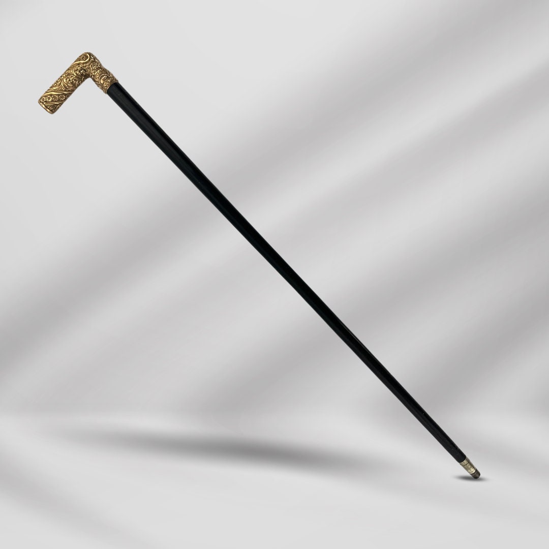 Gold-Plated L Handle Antique Walking Stick for Men. Signed Cane, Dated 1910