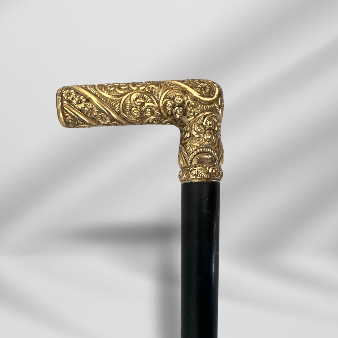 Gold-Plated L Handle Antique Walking Stick for Men. Signed Cane, Dated 1910