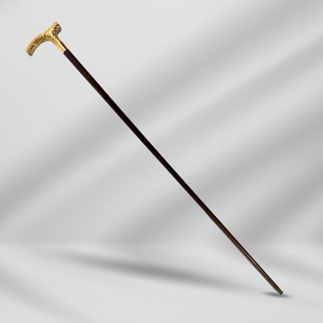 Antique Handmade Gold-Plated Walking Stick. 1800s Designer Cane for Men, Vintage Gentleman’s Accessory