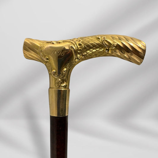 Antique Handmade Gold-Plated Walking Stick. 1800s Designer Cane for Men, Vintage Gentleman’s Accessory