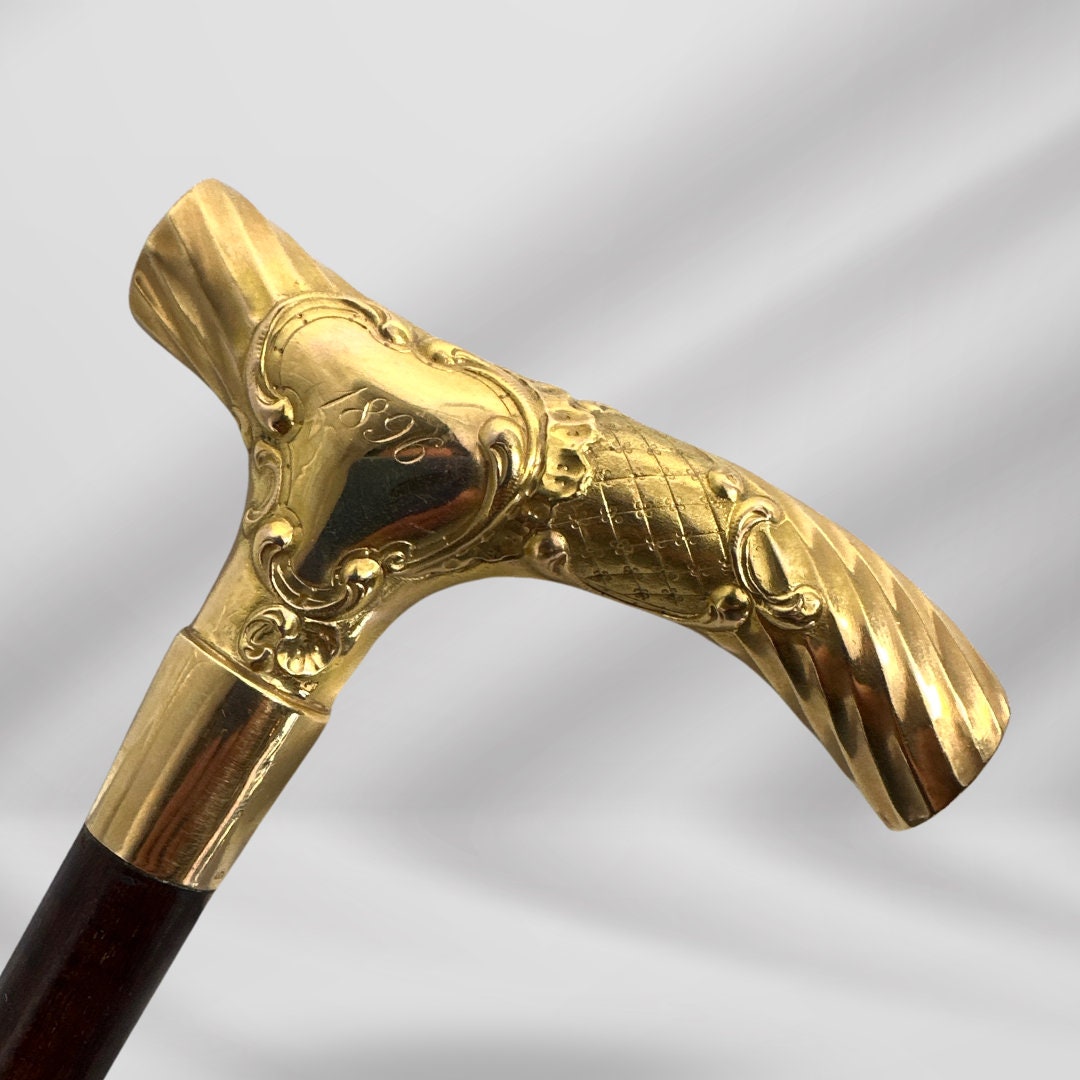 Antique Handmade Gold-Plated Walking Stick. 1800s Designer Cane for Men, Vintage Gentleman’s Accessory
