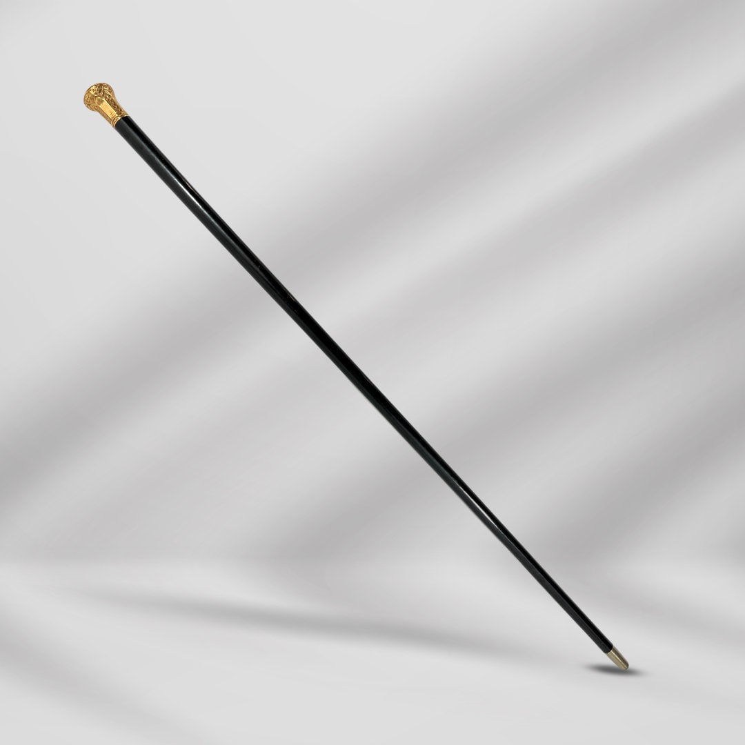 Antique Black Walking Stick. Carved Gold-Plated Knob Handle, Elegant Gentleman’s Cane.