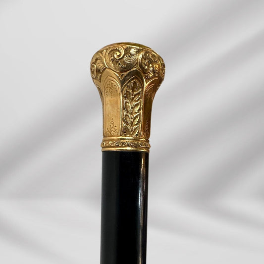 Antique Black Walking Stick. Carved Gold-Plated Knob Handle, Elegant Gentleman’s Cane.