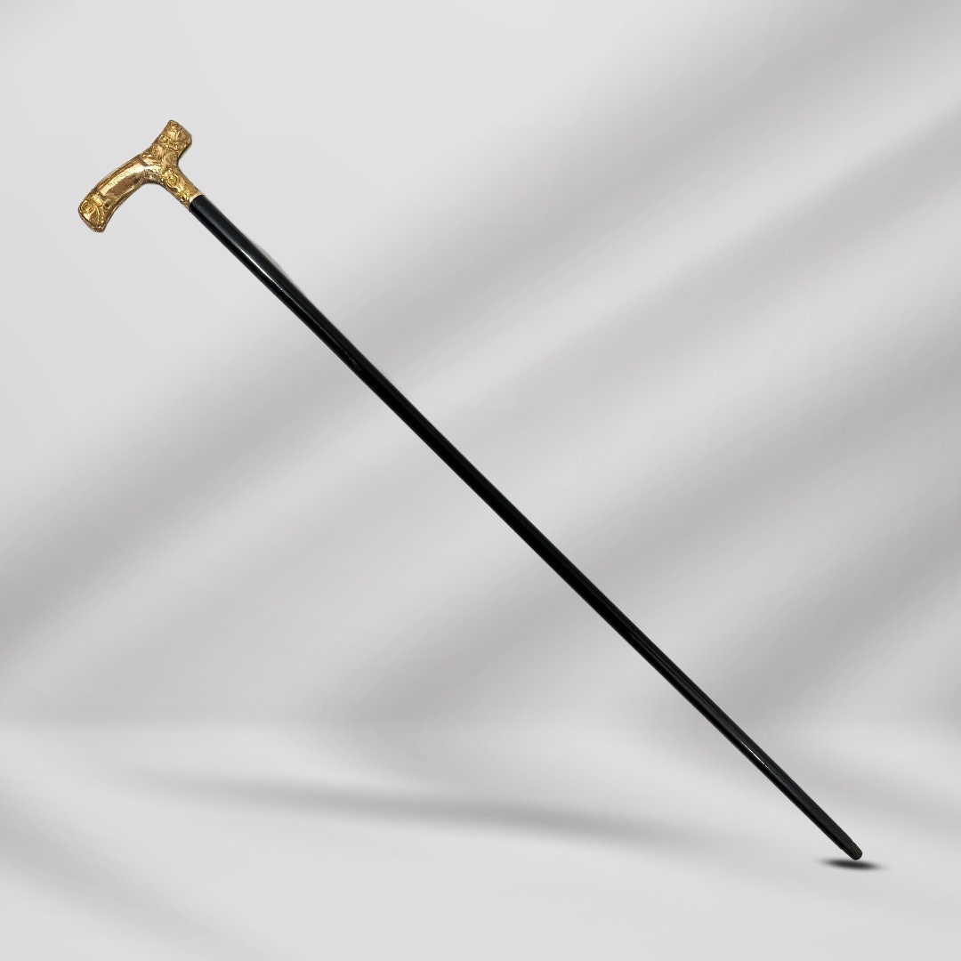 Antique 1860 Walking Stick. Black Cane with Carved Gold-Plated Knob Handle, Signed Skinner.