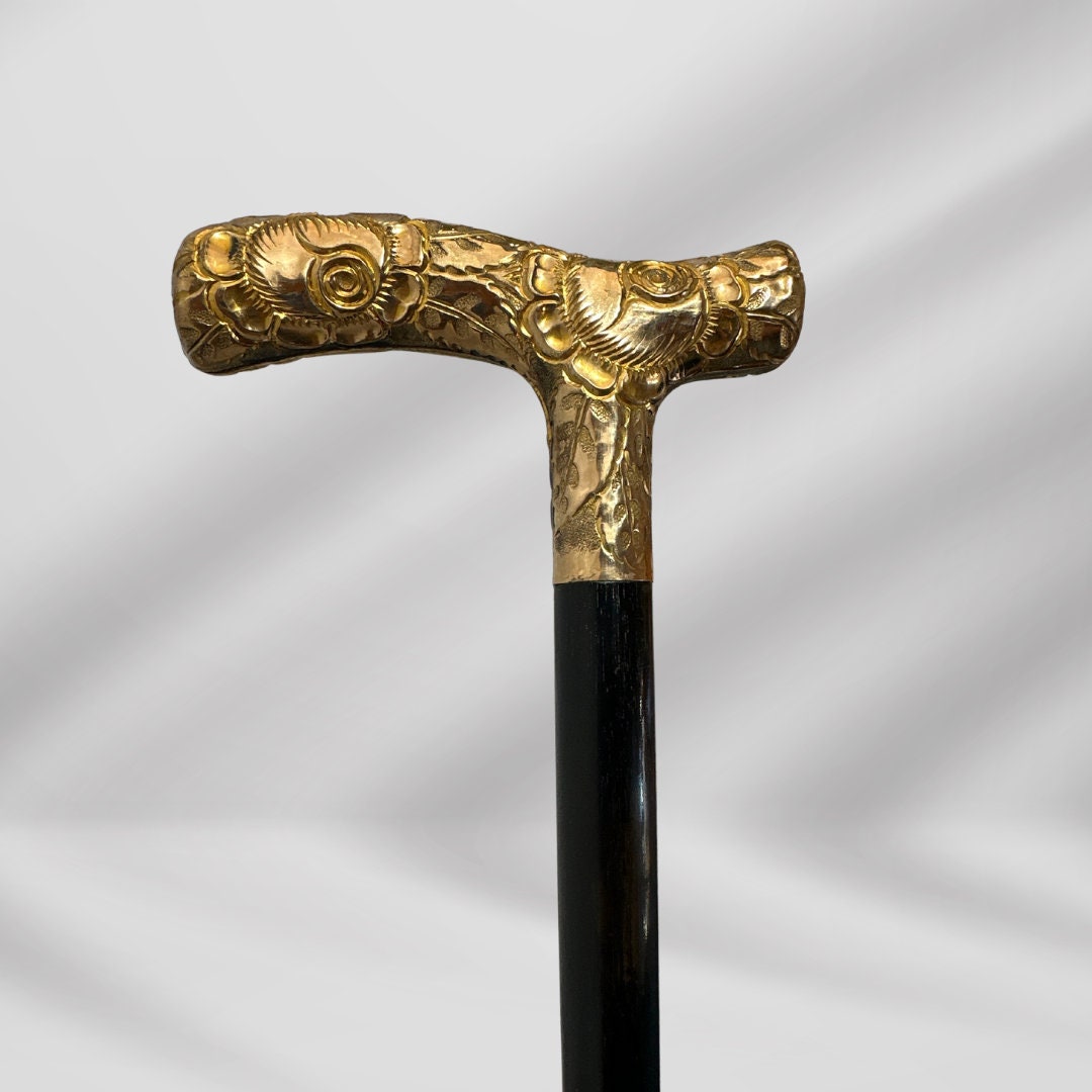 Antique 1860 Walking Stick. Black Cane with Carved Gold-Plated Knob Handle, Signed Skinner.