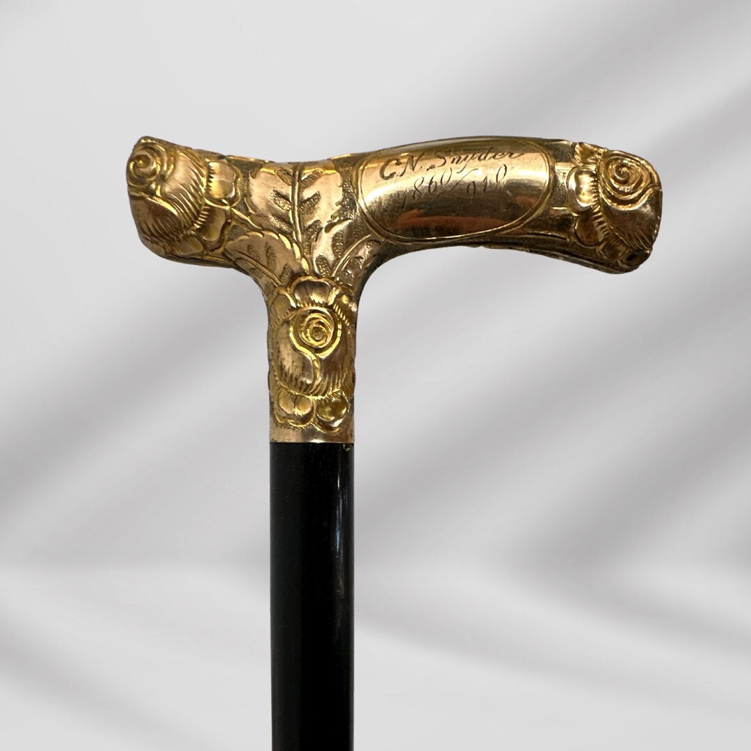 Antique 1860 Walking Stick. Black Cane with Carved Gold-Plated Knob Handle, Signed Skinner.