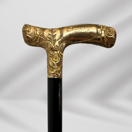 Antique 1860 Walking Stick. Black Cane with Carved Gold-Plated Knob Handle, Signed Skinner.