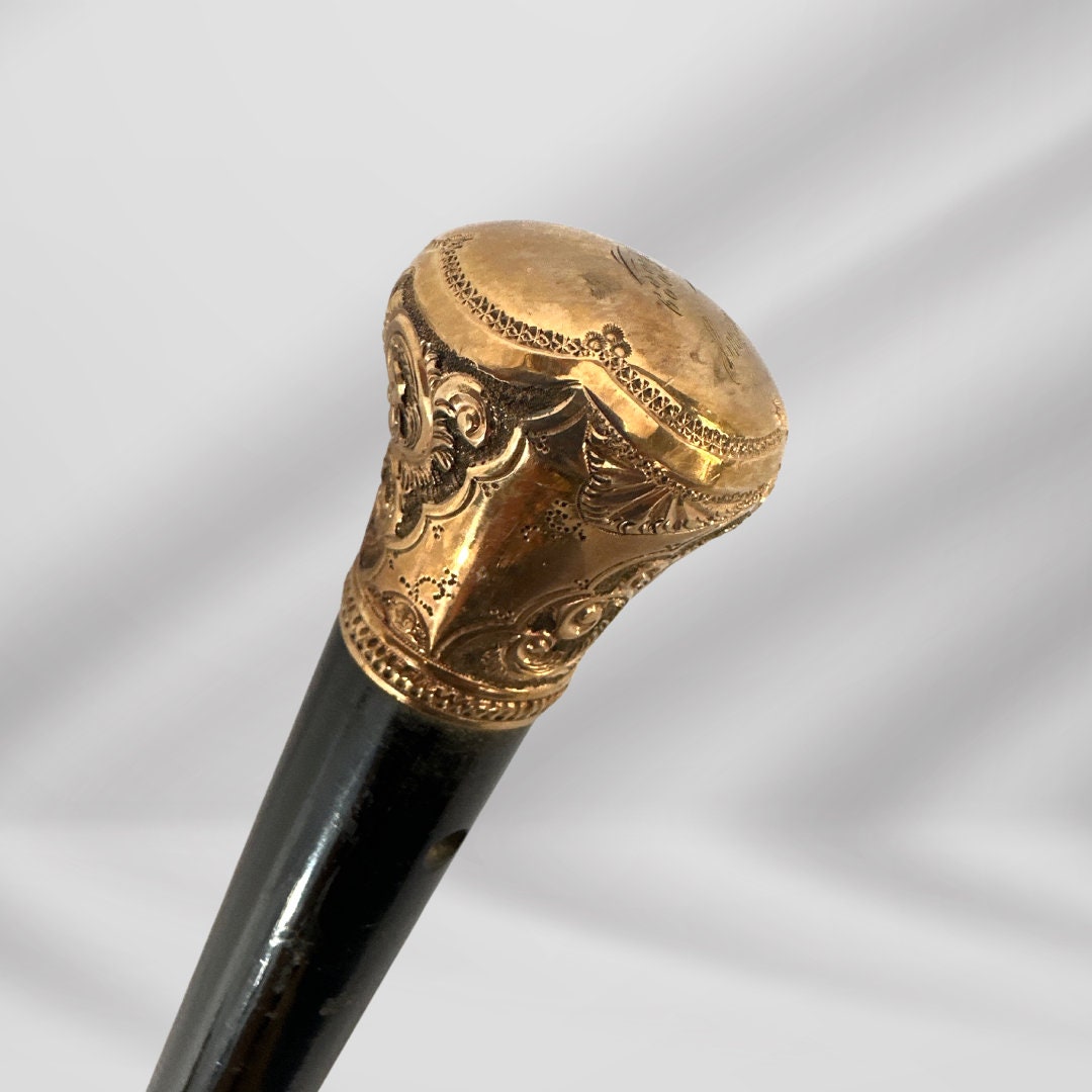 Antique Carved Gold Plate Knob Handle Walking Stick Cane Black Signed In Oct 1889
