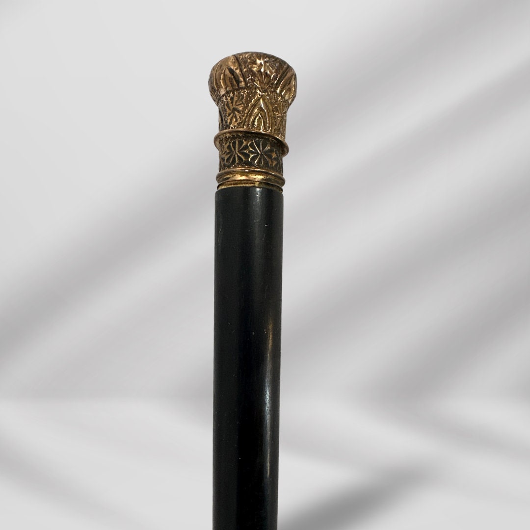 Antique Walking Stick. Black Cane with Gold-Filled Knob Handle, Elegant Vintage Accessory