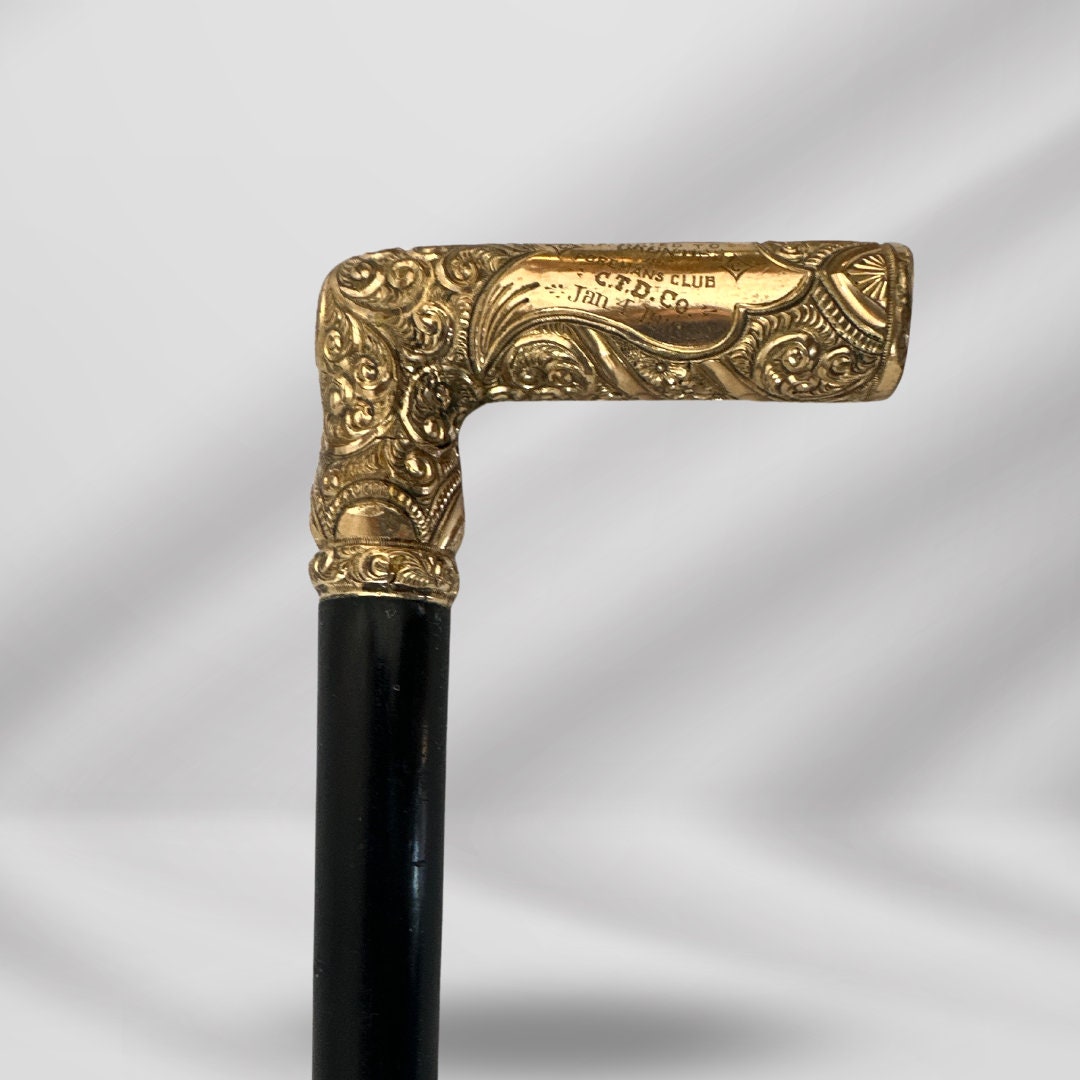 Gold-Plated L Handle Antique Walking Stick for Men. Signed Cane, Dated 1910