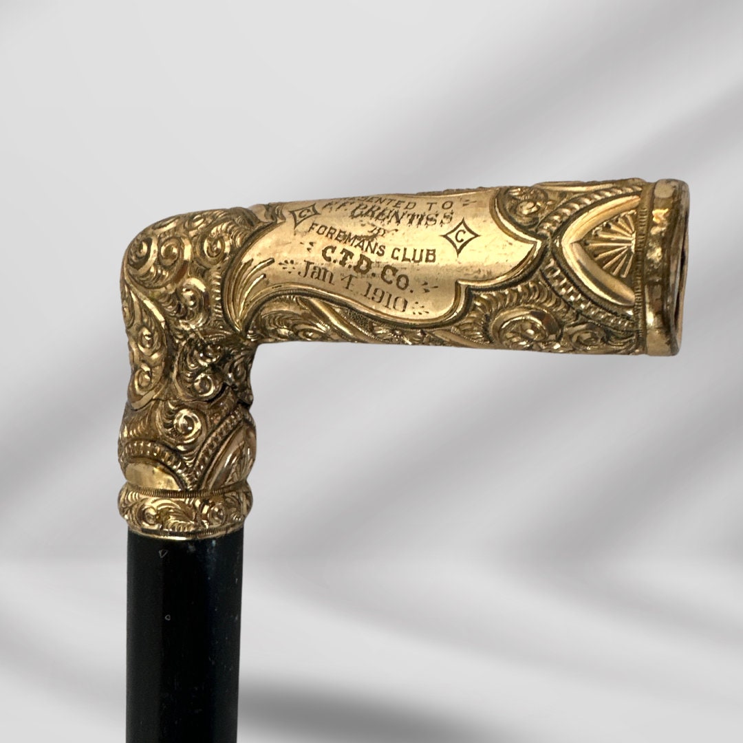 Gold-Plated L Handle Antique Walking Stick for Men. Signed Cane, Dated 1910
