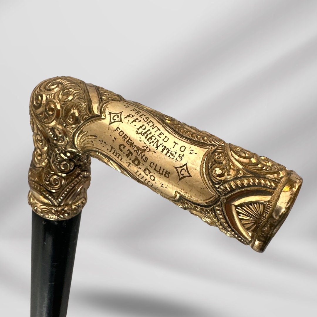 Gold-Plated L Handle Antique Walking Stick for Men. Signed Cane, Dated 1910