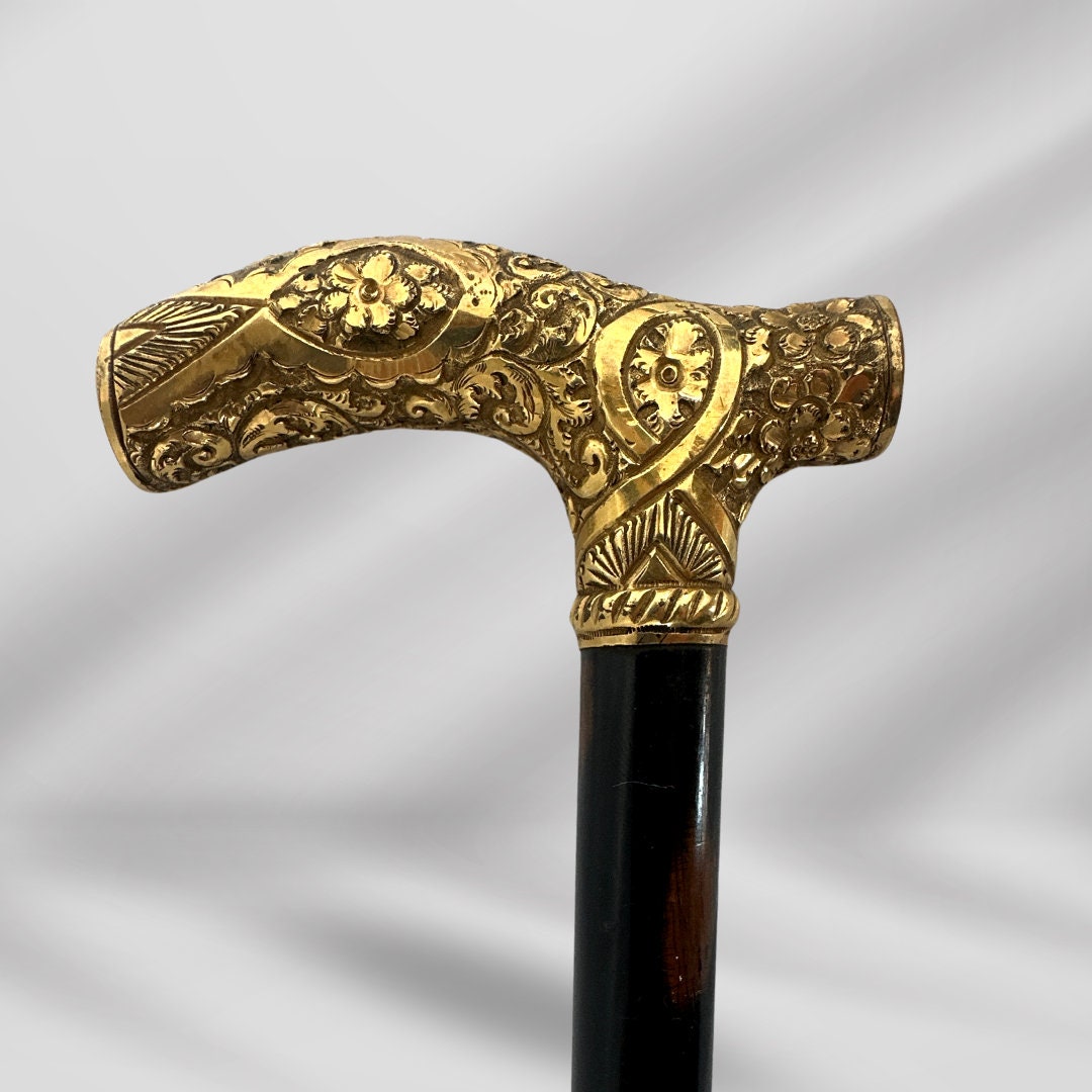 1800s Antique Luxury Gold-Plated Walking Stick for Men. Black Cane, Vintage Gentleman’s Accessory
