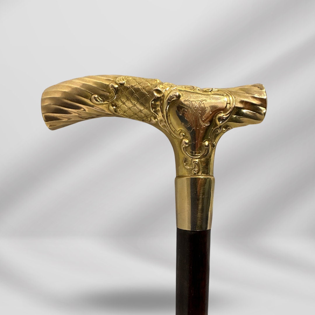 Antique Handmade Gold-Plated Walking Stick. 1800s Designer Cane for Men, Vintage Gentleman’s Accessory