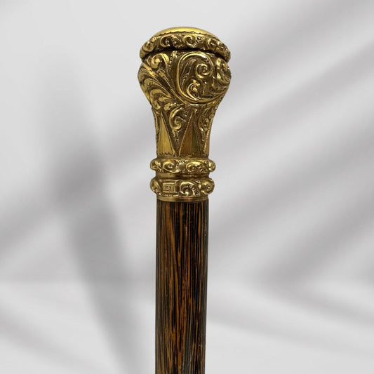 Signed Antique Wooden Walking Stick. Gold-Plated Handle Cane, Antique Gentleman’s Accessory.