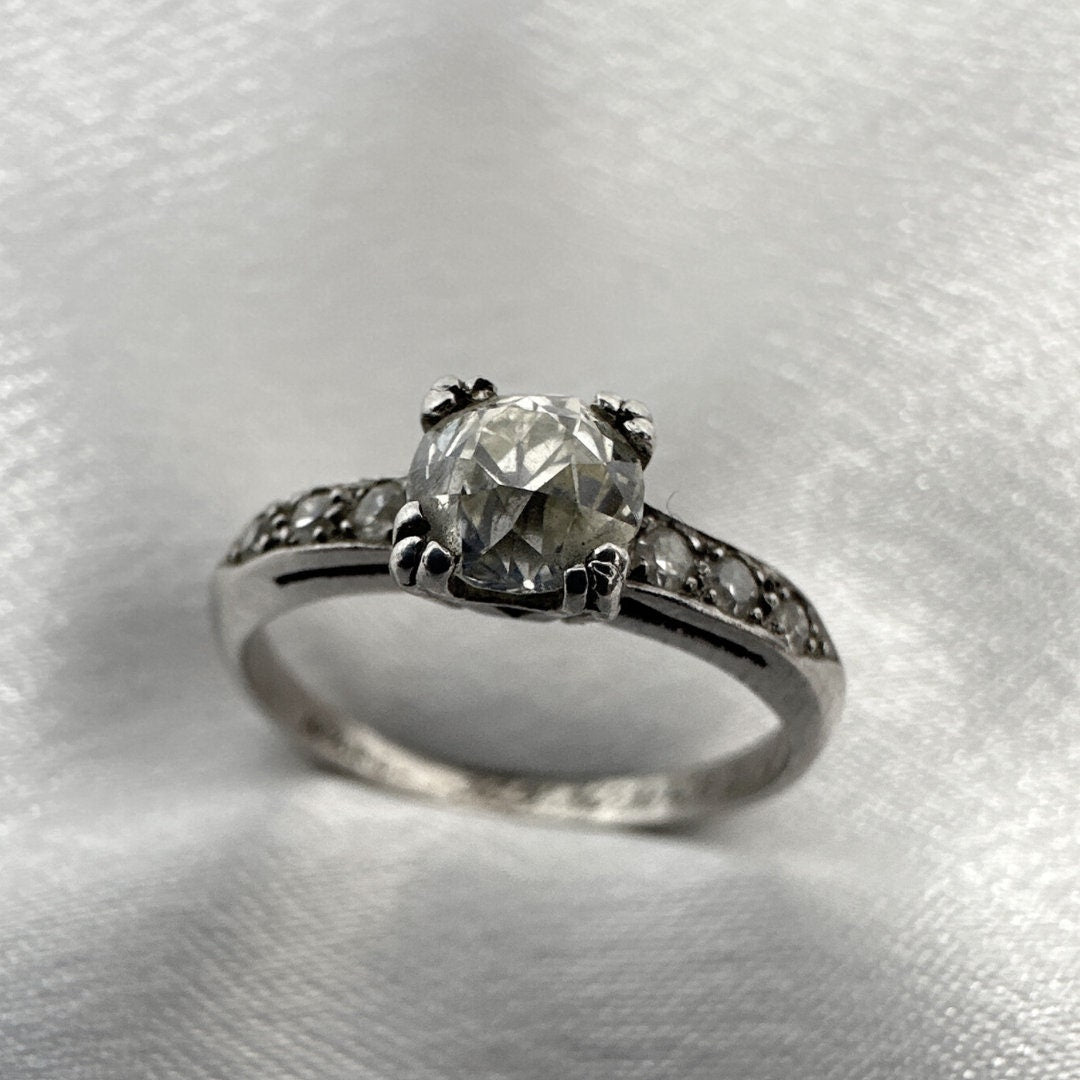 Size 5 Antique White Gold Ring with Real Diamond Accents – Elegant Vintage Jewelry for Women
