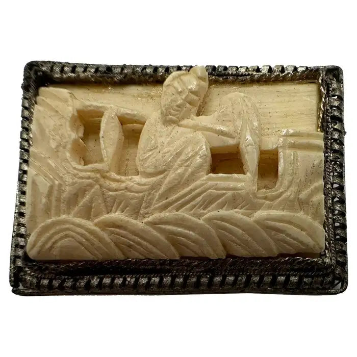 Carved Bone and Filigree Metal Brooch – Seated Man in Boat Scene