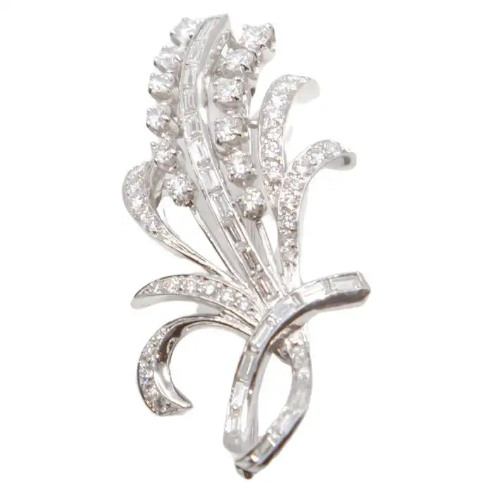 Statement 14K White Gold Diamond Spray Brooch Mid-Century Floral Design.