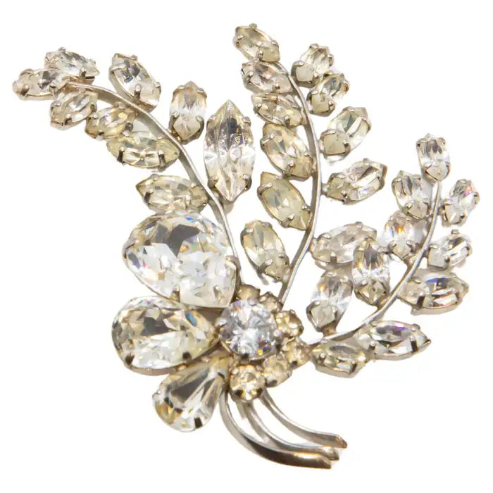 Statement Diamond Floral Spray Brooch in Silver-Tone Metal Mid-Century Costume