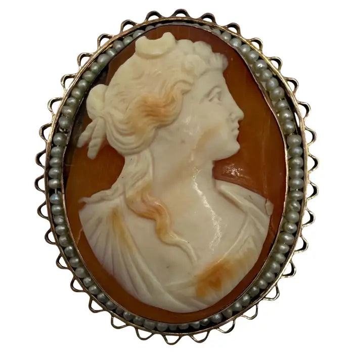 Antique Victorian Shell Cameo Brooch with Seed Pearl Frame, circa 1880