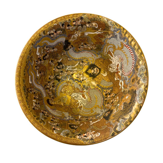 Japanese Antique Gold Fire Gold Embossed Figurine Satsuma Porcelain  Bowl image 3