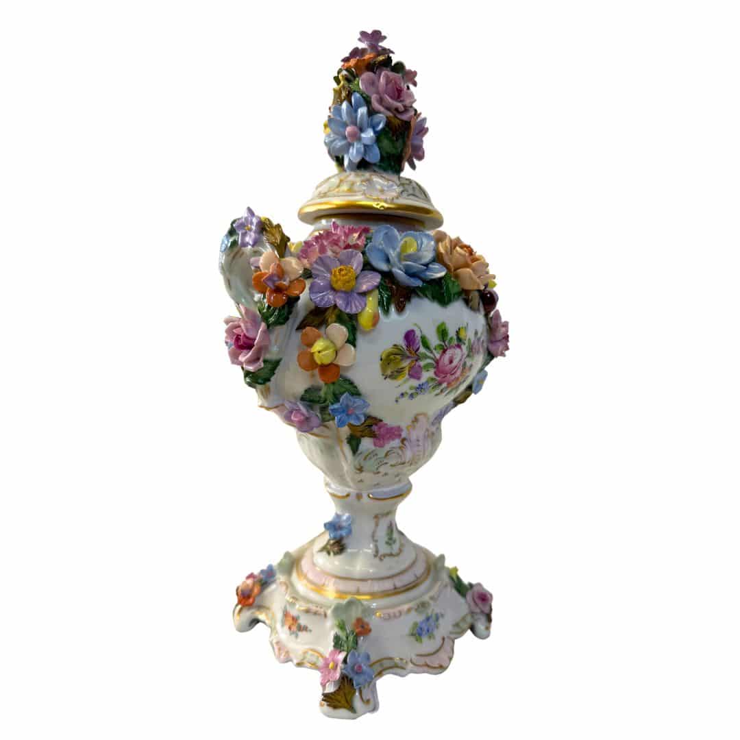 Pair Of Dresden Antique Porcelain Medium-Sized Decorative Vase With Lid, Adorned with Hand-Painted Flowers image 1