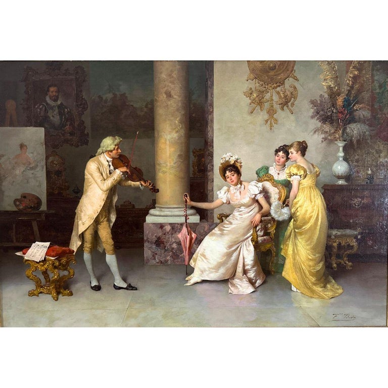 "Musical Interlude" 19th century antique realism Large oil painting on Board image 1