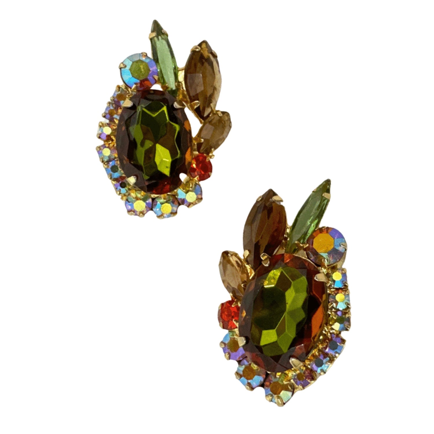 Vintage Unsigned Juliana Red, Brown & Green Rhinestone Clip-On Earrings