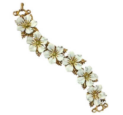 Signed Dogwood Bracelet in White Enamel & Gold Tone Flowers