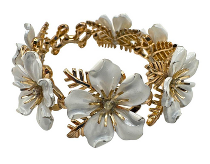 Signed Dogwood Bracelet in White Enamel & Gold Tone Flowers