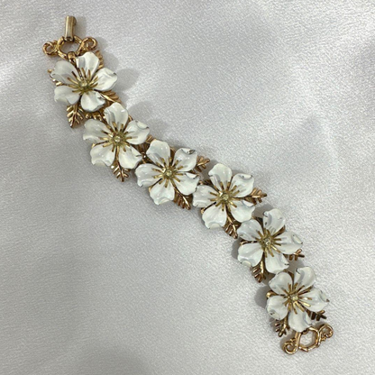 Signed Dogwood Bracelet in White Enamel & Gold Tone Flowers