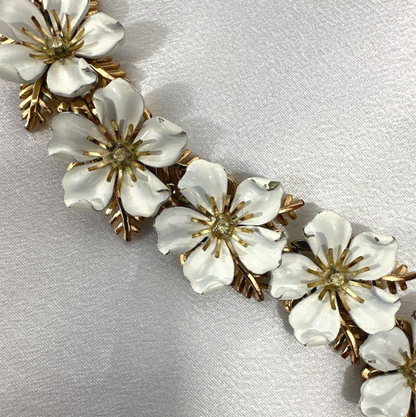 Signed Dogwood Bracelet in White Enamel & Gold Tone Flowers