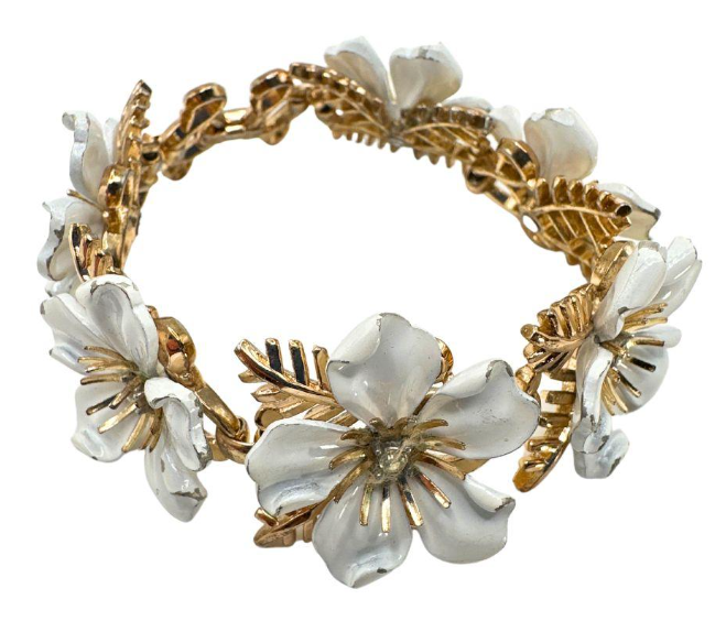 Signed Dogwood Bracelet in White Enamel & Gold Tone Flowers