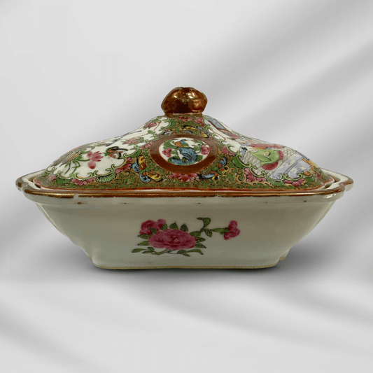 Antique Embossed Hand Painting Rose Medallion Chinese Porcelain Covered Dish Bowl image 0