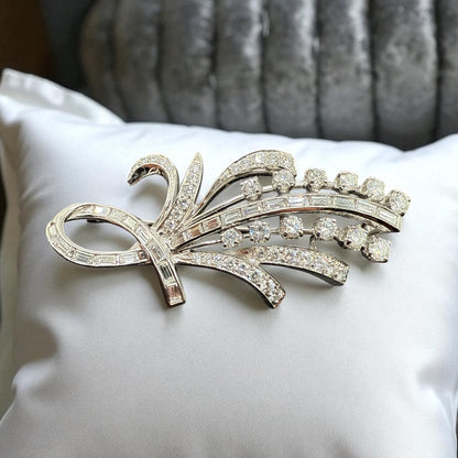 Statement 14K White Gold Diamond Spray Brooch Mid-Century Floral Design.