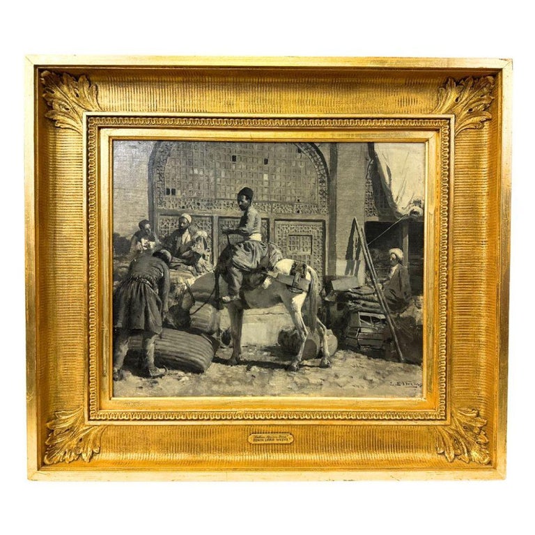 "Caravansary at Shiraz" Antique orientalist Black & White Oil Painting on Board image 0