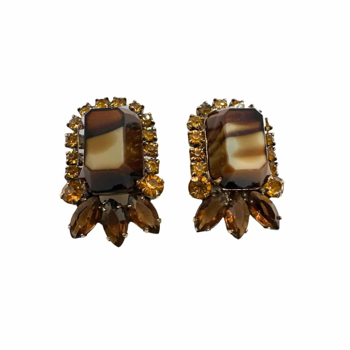 Vintage Julianna Marble Brown Glass and Champagne Color Rhinestone Earrings with Intricate Design image 0