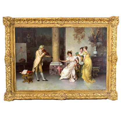 "Musical Interlude" 19th century antique realism Large oil painting on Board image 0