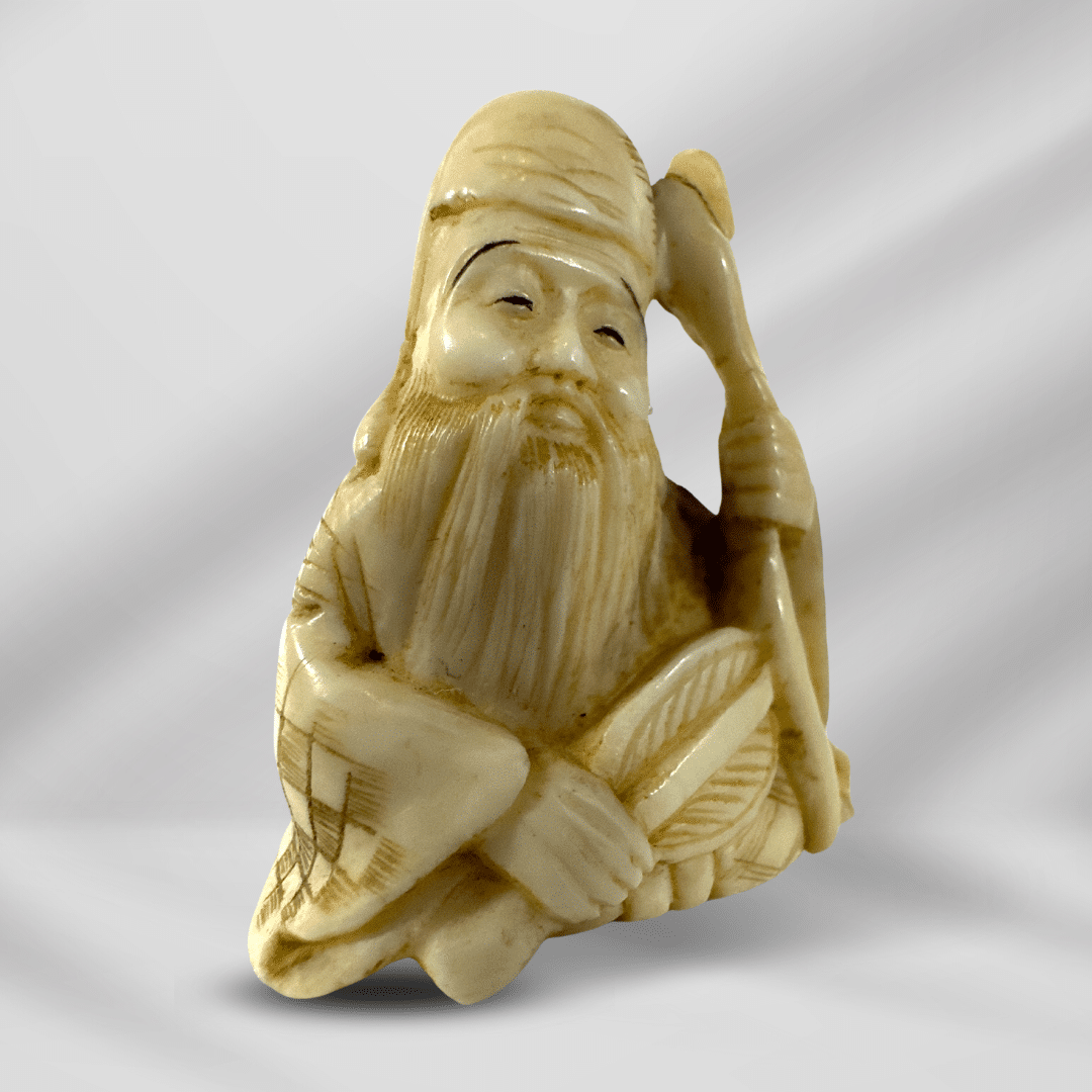 Antique Handcraft Detailed Craved Netsuke Ivory Seating Old Chinese Man image 2