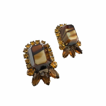 Vintage Julianna Marble Brown Glass and Champagne Color Rhinestone Earrings with Intricate Design image 1