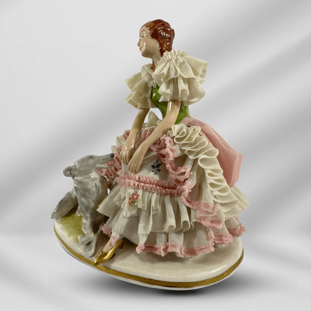 Vintage German Dresden Hand Painted Porcelain Statue Of Woman & Dog image 2