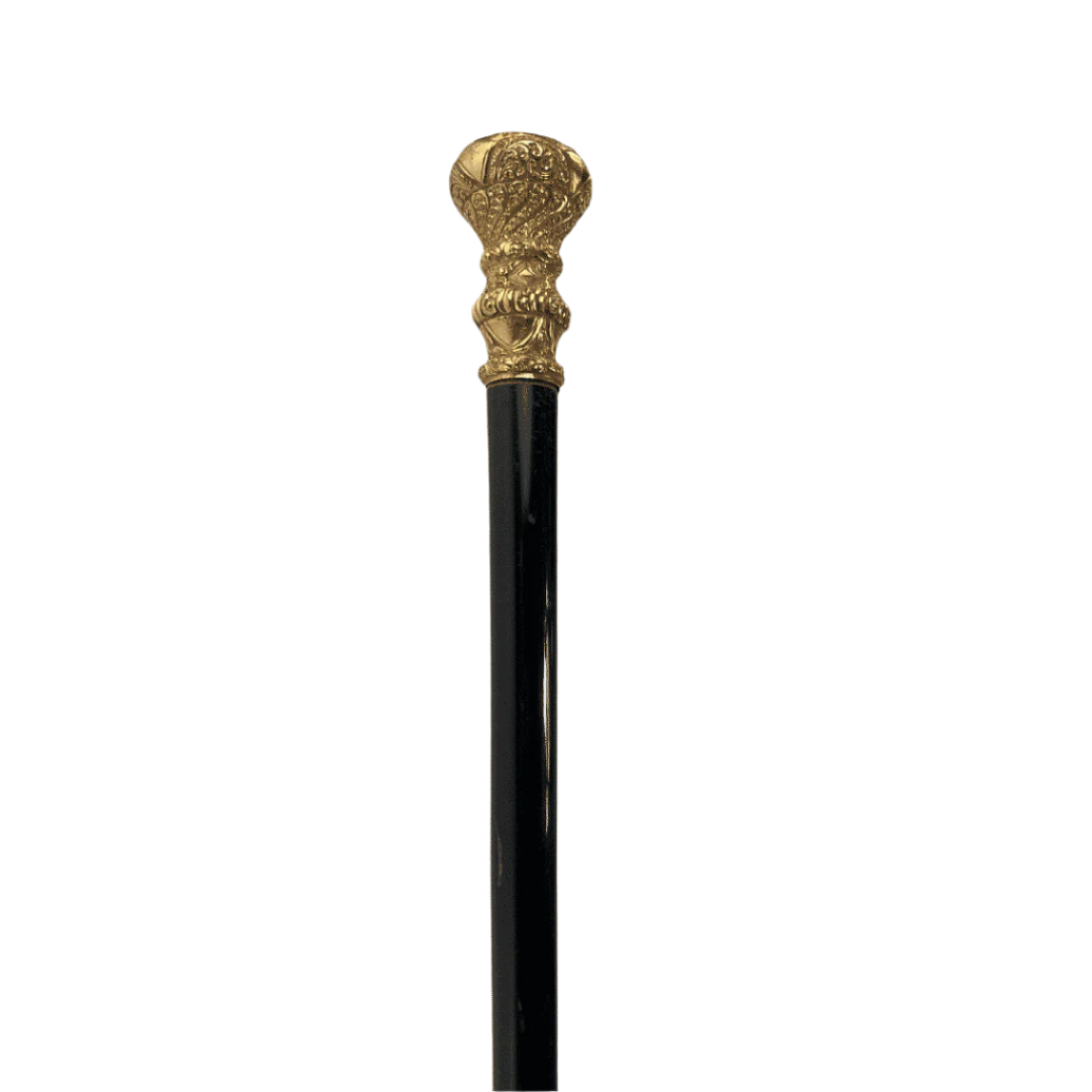 Elegant Antique Carved Gold Plate Knob Handle Walking Stick Cane Black (Possible Gold) image 1