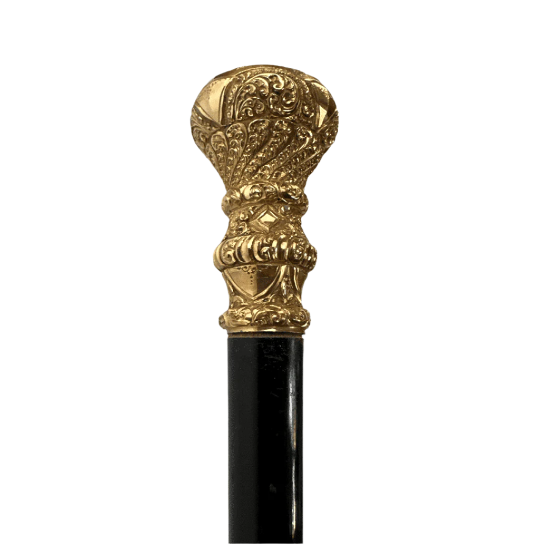 Elegant Antique Carved Gold Plate Knob Handle Walking Stick Cane Black (Possible Gold) image 0