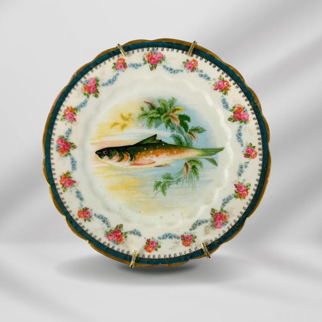 1800th Century Austria Hand painted Fish Porcelain Platter Set 12 plate image 3