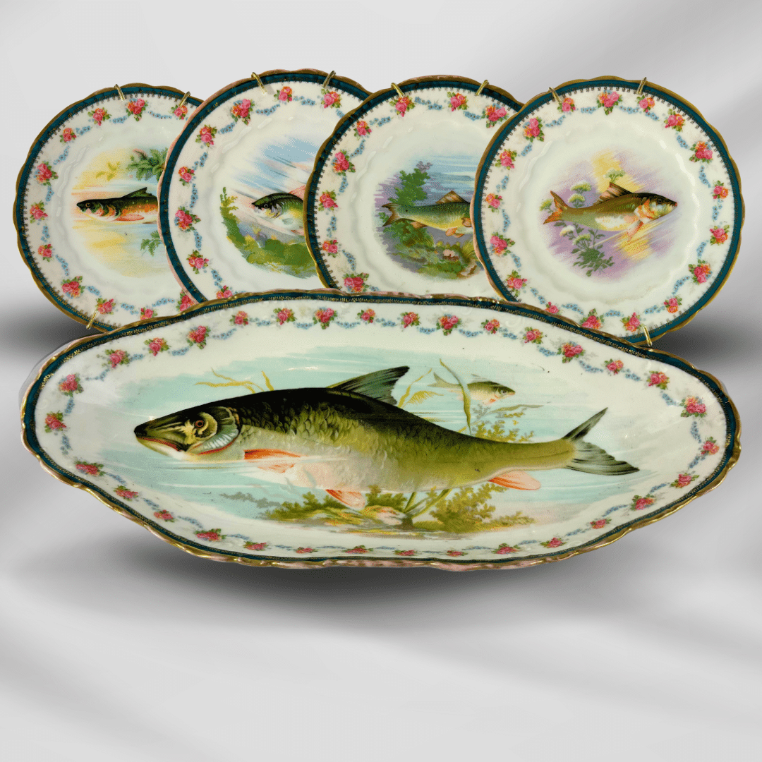 1800th Century Austria Hand painted Fish Porcelain Platter Set 12 plate image 0