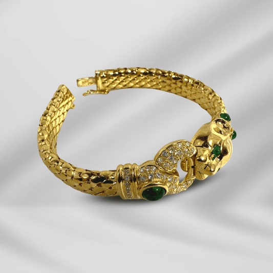 Stunning Diamond & Emerald Gemstone 18K Yellow Gold Jaguar Bracelet Made in Italy image 0