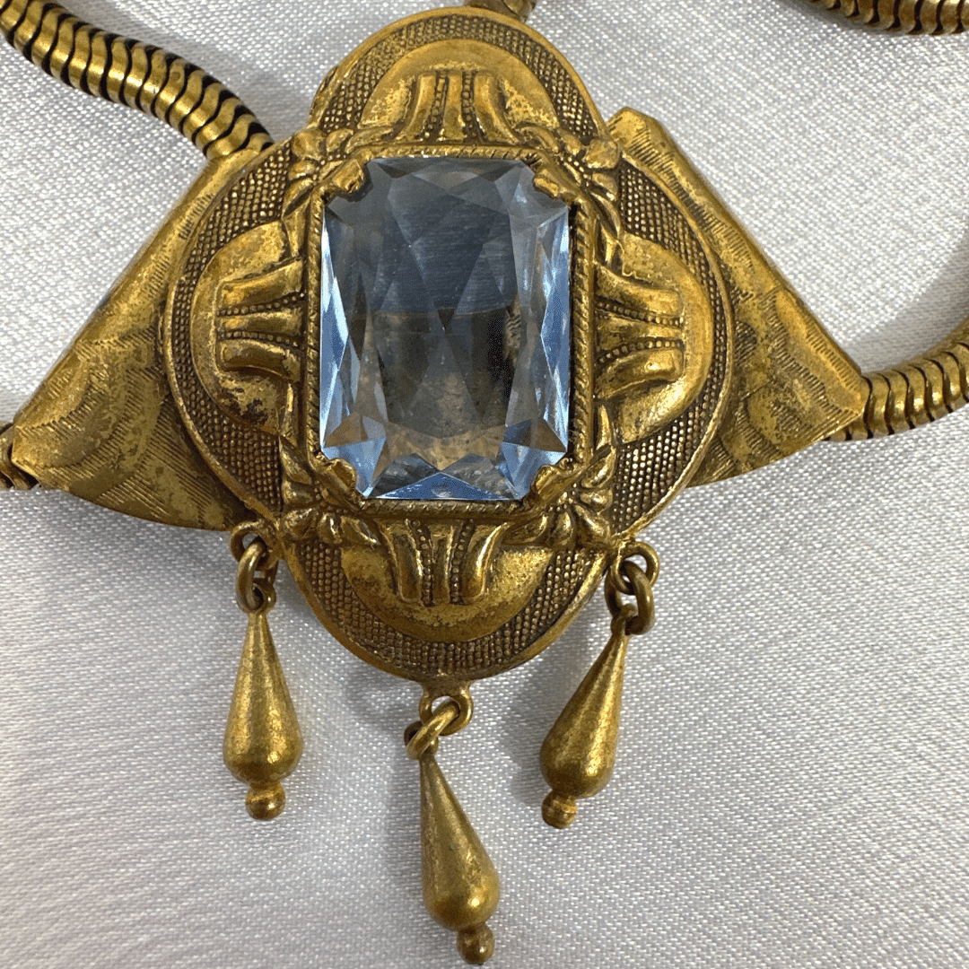 Antique Art Deco Revival Large Light Blue Crystal Necklace - Stone Extra Detail 