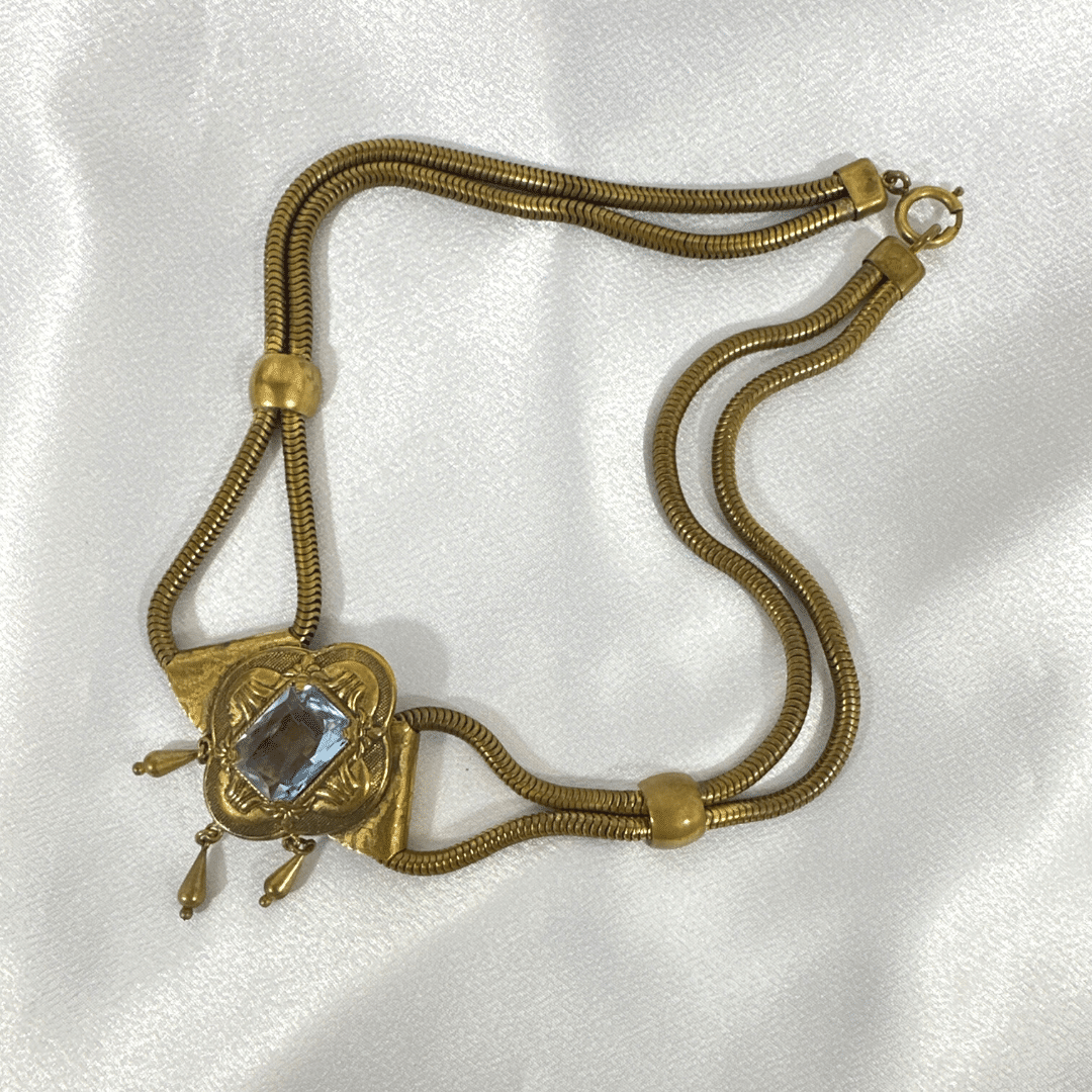 Antique Art Deco Revival Large Light Blue Crystal Necklace - on fabric