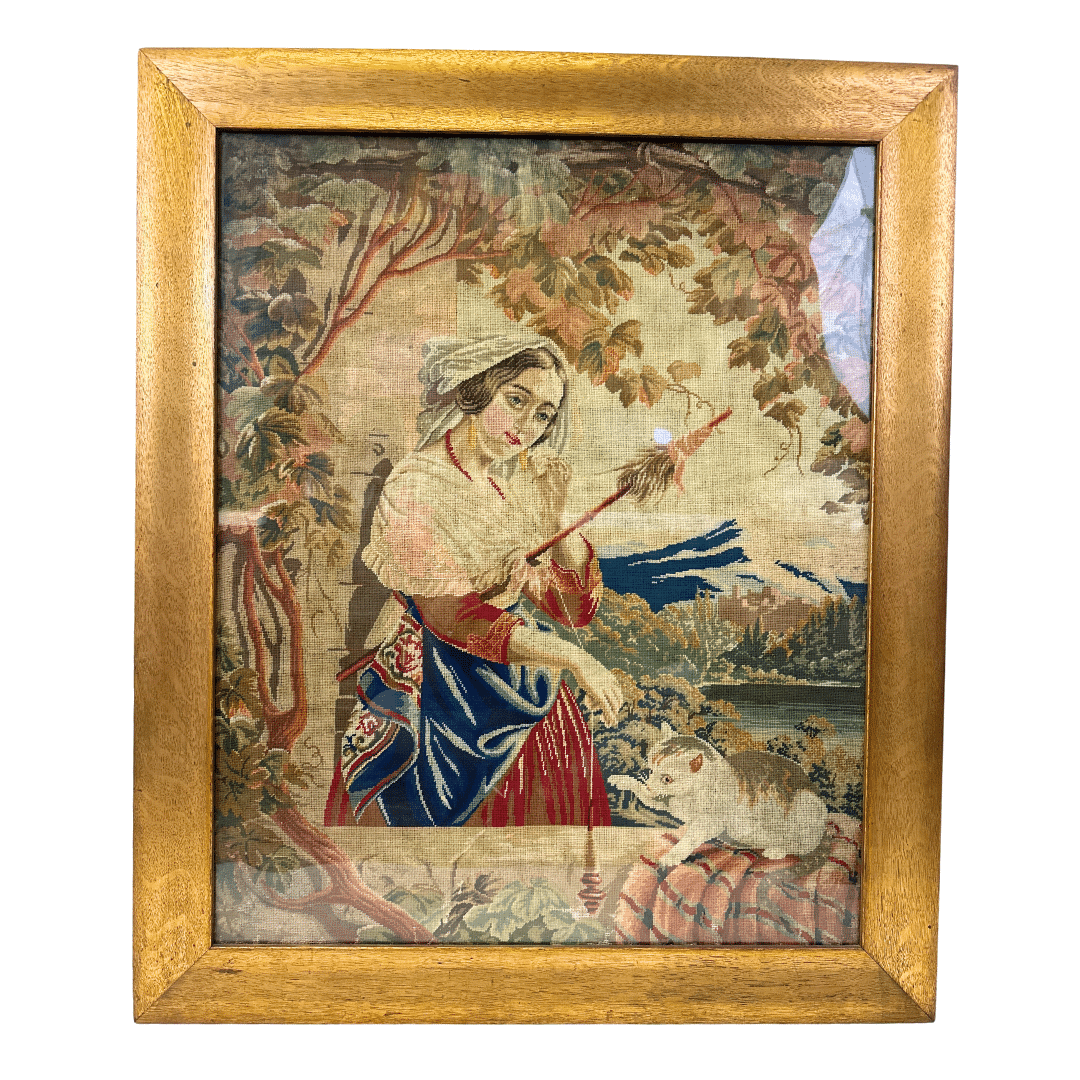 Antique Koblen Embroidery Picture of Woman & Cat - Timeless Elegance in Stitch